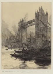 The Tower Bridge, with the drawbridges raised for the passage of large ships